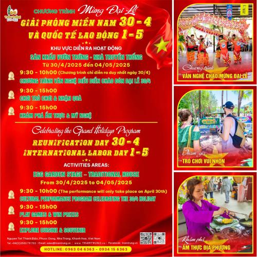 Nhân dịp Chào mừng Đại Lễ Thống Nhất và Quốc Tế Lao Động, Khu du lịch Trăm Trứng gửi đến quý khách chuỗi khuyến mãi hấp dẫn, đa dạng sự lựa chọn