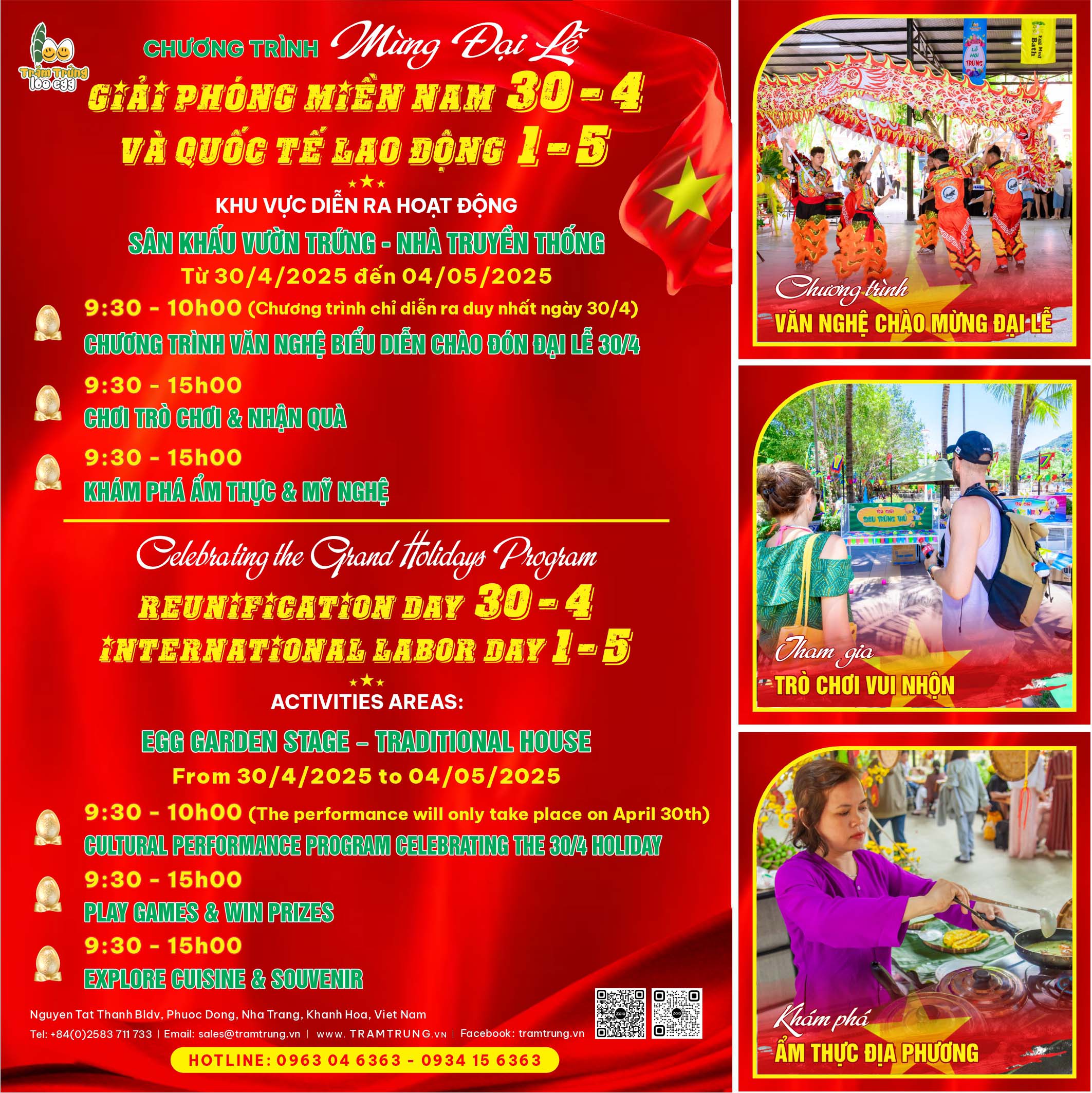 Nhân dịp Chào mừng Đại Lễ Thống Nhất và Quốc Tế Lao Động, Khu du lịch Trăm Trứng gửi đến quý khách chuỗi khuyến mãi hấp dẫn, đa dạng sự lựa chọn